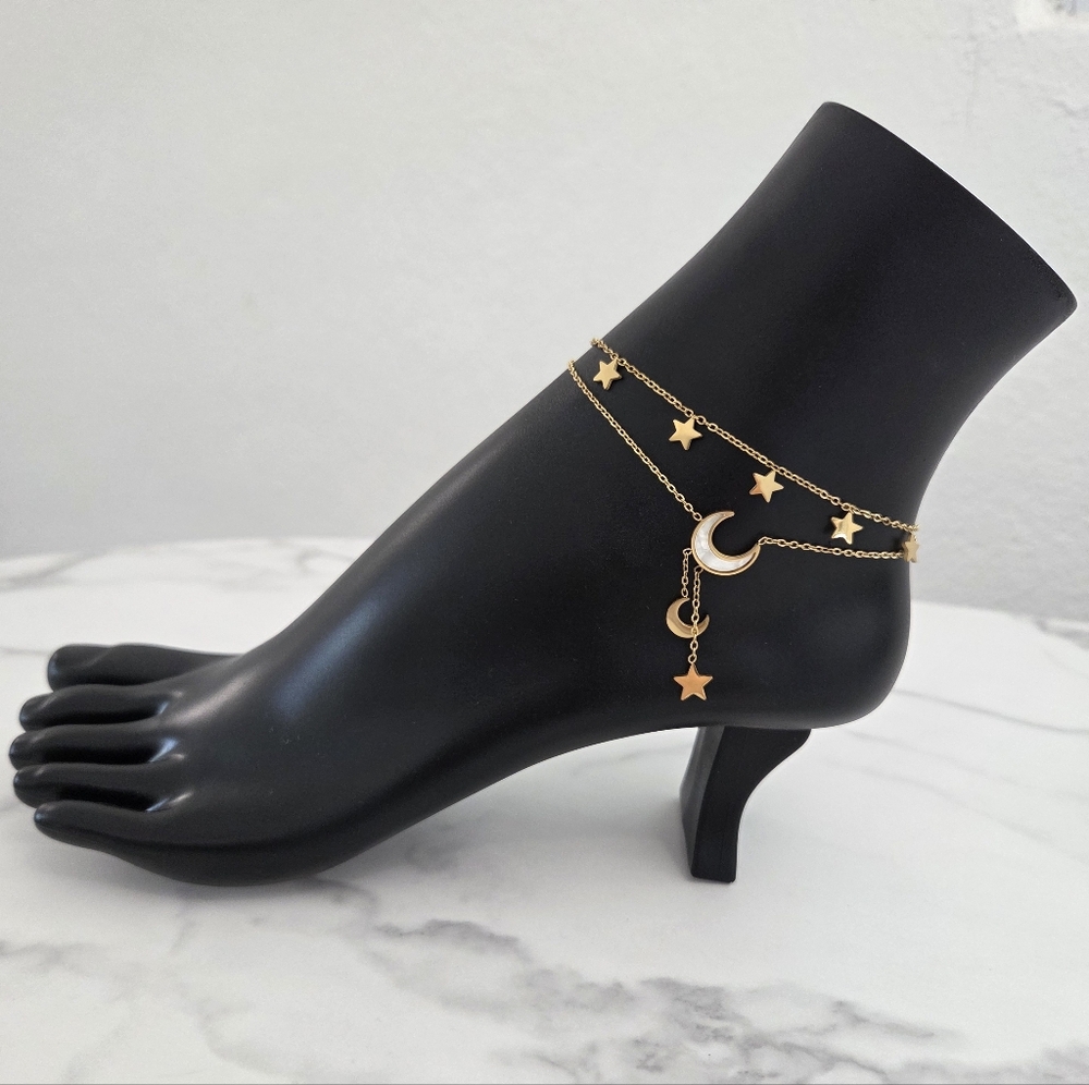 Gold Anklet Moon and Stars Charms Double Chain Layered Ankle Bracelet - Picture 4 of 15